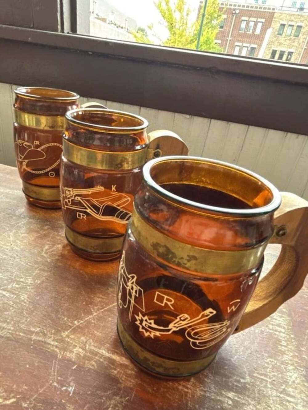 Set of 3 Vintage Siesta Ware Western Amber Glass Barrel Mug Wood Handle